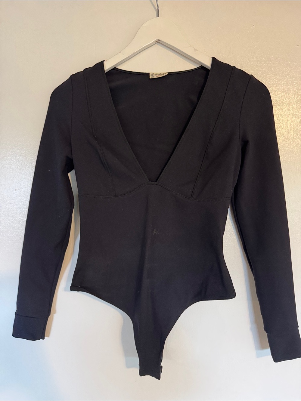 Free People Black V-Neck Long Sleeve Bodysuit
